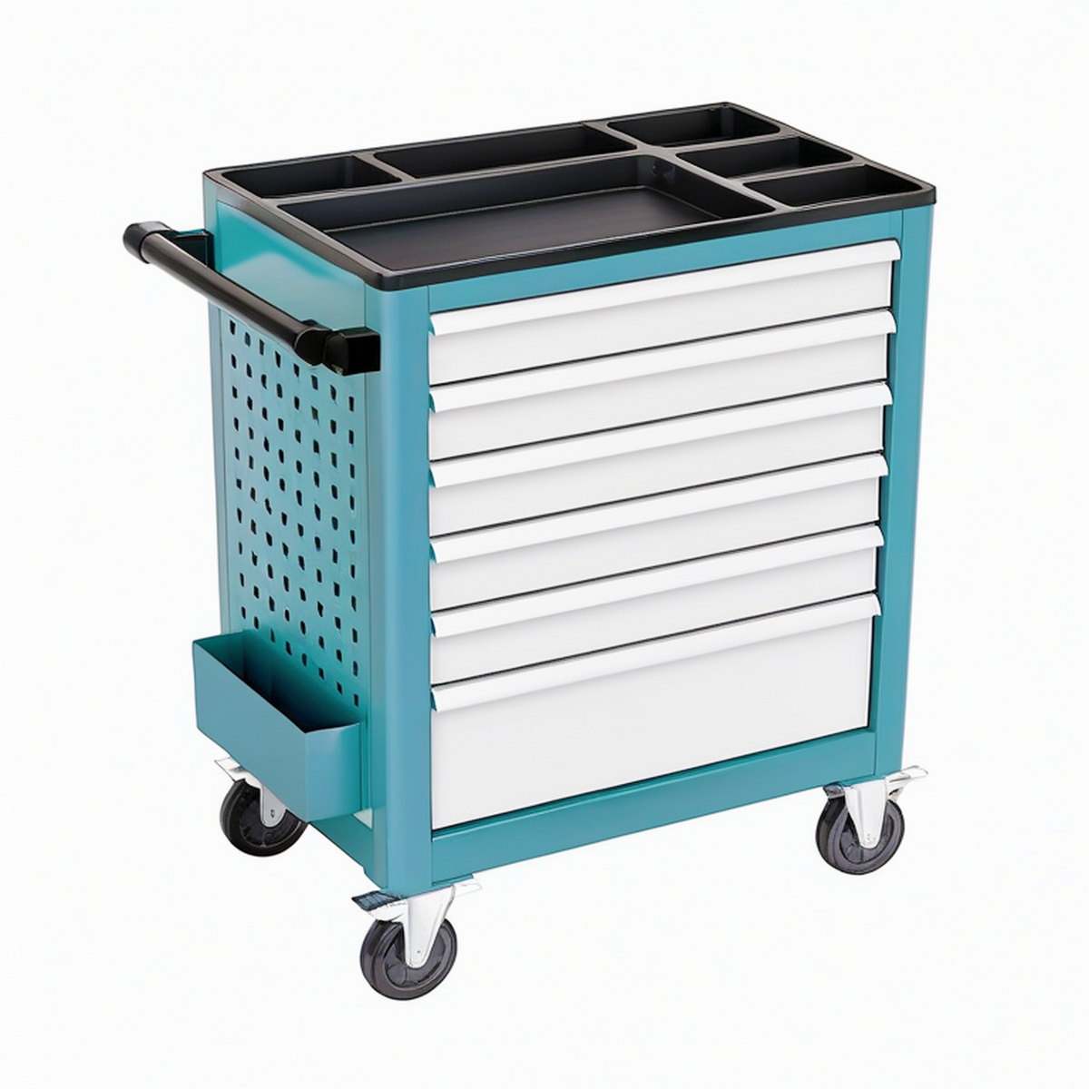 Chariot à outils 80 x 45 x 95 cm en acier turquoise blanc et noir à 7 tiroirs avec roulettes