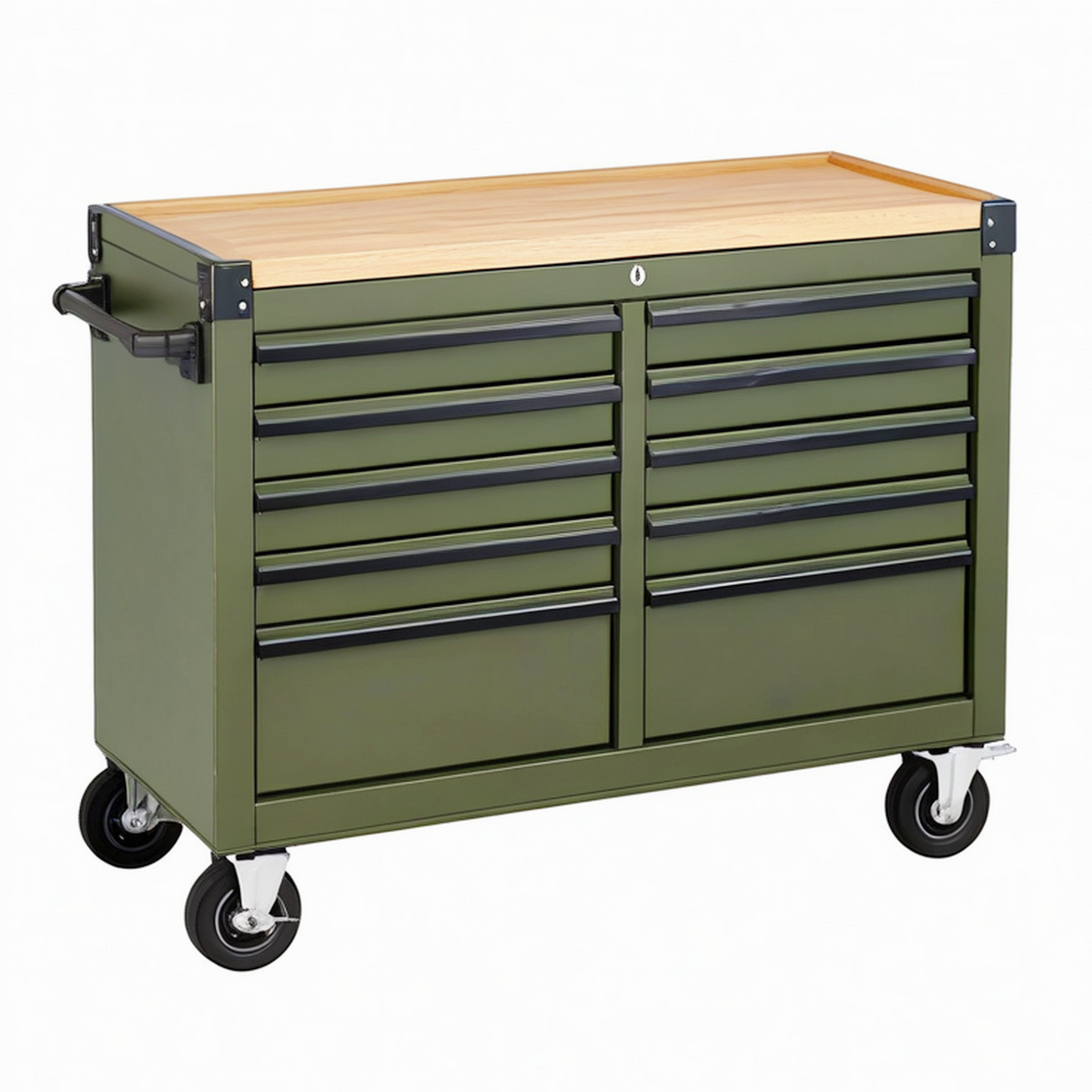 Servante d'atelier 110 x 46 x 95 cm en acier vert avec plateau en bois et 10 tiroirs mobiles