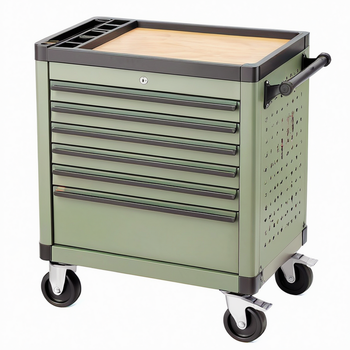 Servante d'atelier 80 x 45 x 95 cm en acier vert avec plateau en bois et 7 tiroirs