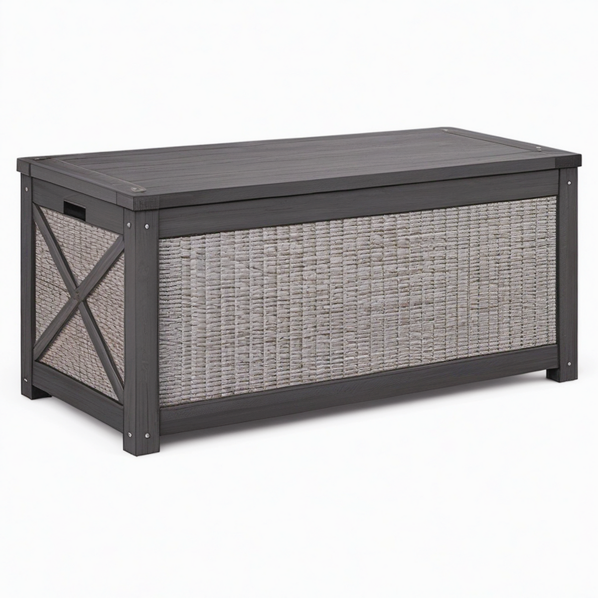 Coffre de rangement extérieur 120 x 60 x 63 cm en résine tressée gris et structure noire avec couvercle