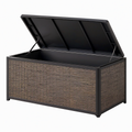 Coffre de rangement extérieur 120 x 50 x 60 cm en résine tressée marron avec couvercle à vérins
