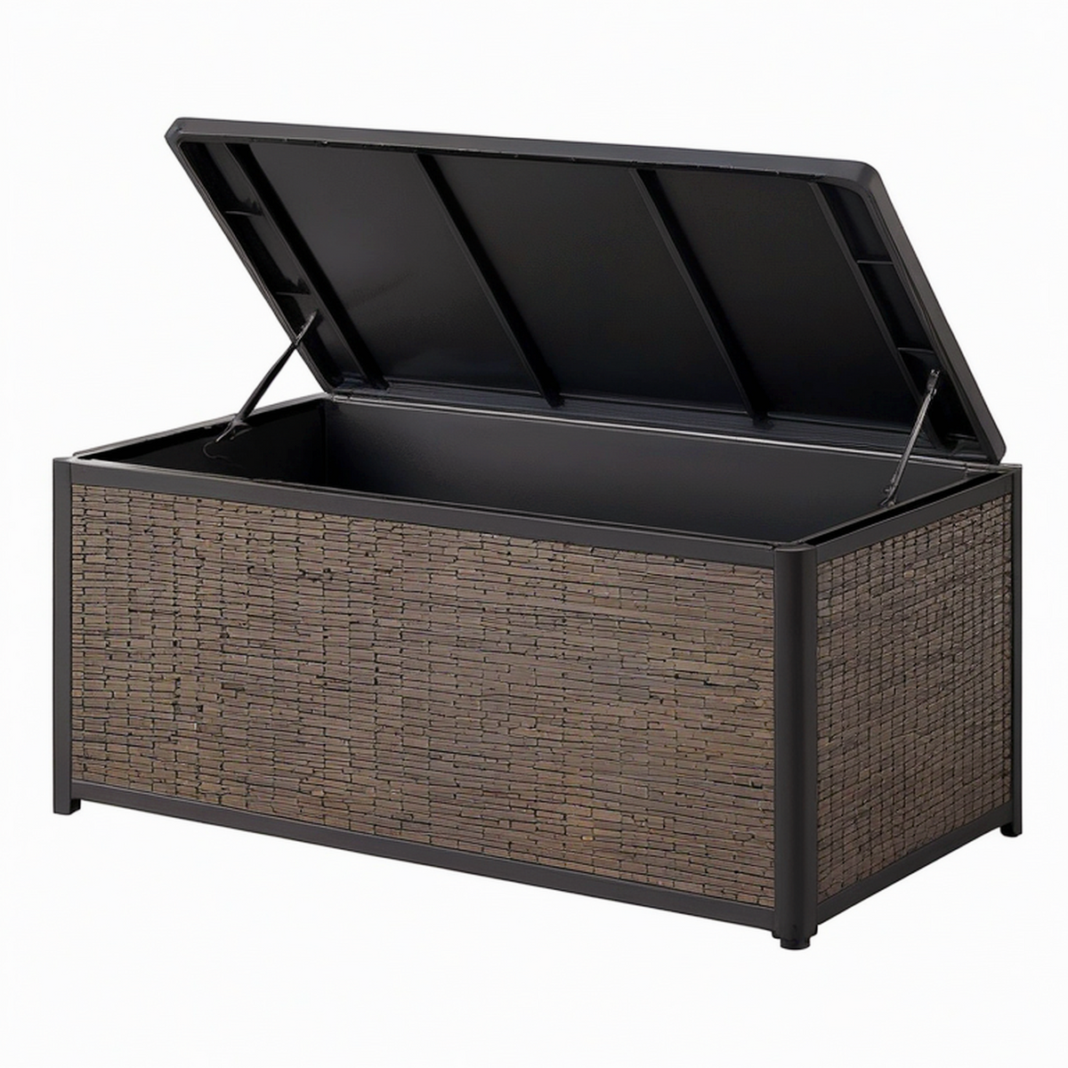 Coffre de rangement extérieur 120 x 50 x 60 cm en résine tressée marron avec couvercle à vérins
