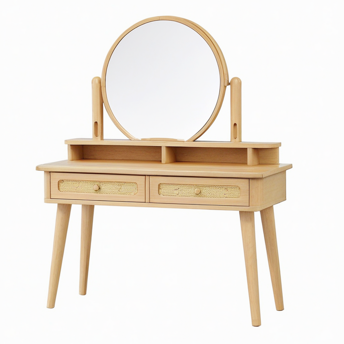 Coiffeuse 100 x 45 x 145 cm en bois naturel avec miroir rond et 2 tiroirs style scandinave