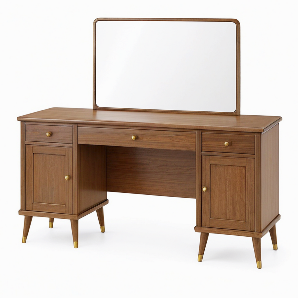 Coiffeuse 150 x 50 x 145 cm en bois brun avec miroir et rangements style rétro