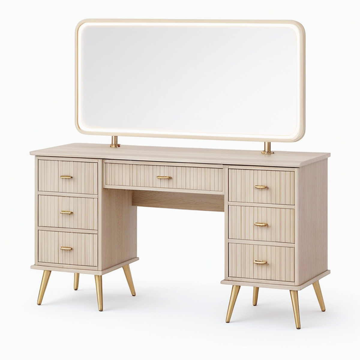Coiffeuse 140 x 45 x 150 cm aspect bois beige avec miroir lumineux et 7 tiroirs