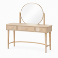 Coiffeuse 120 x 45 x 140 cm en bois beige avec miroir rond et rangements style contemporain