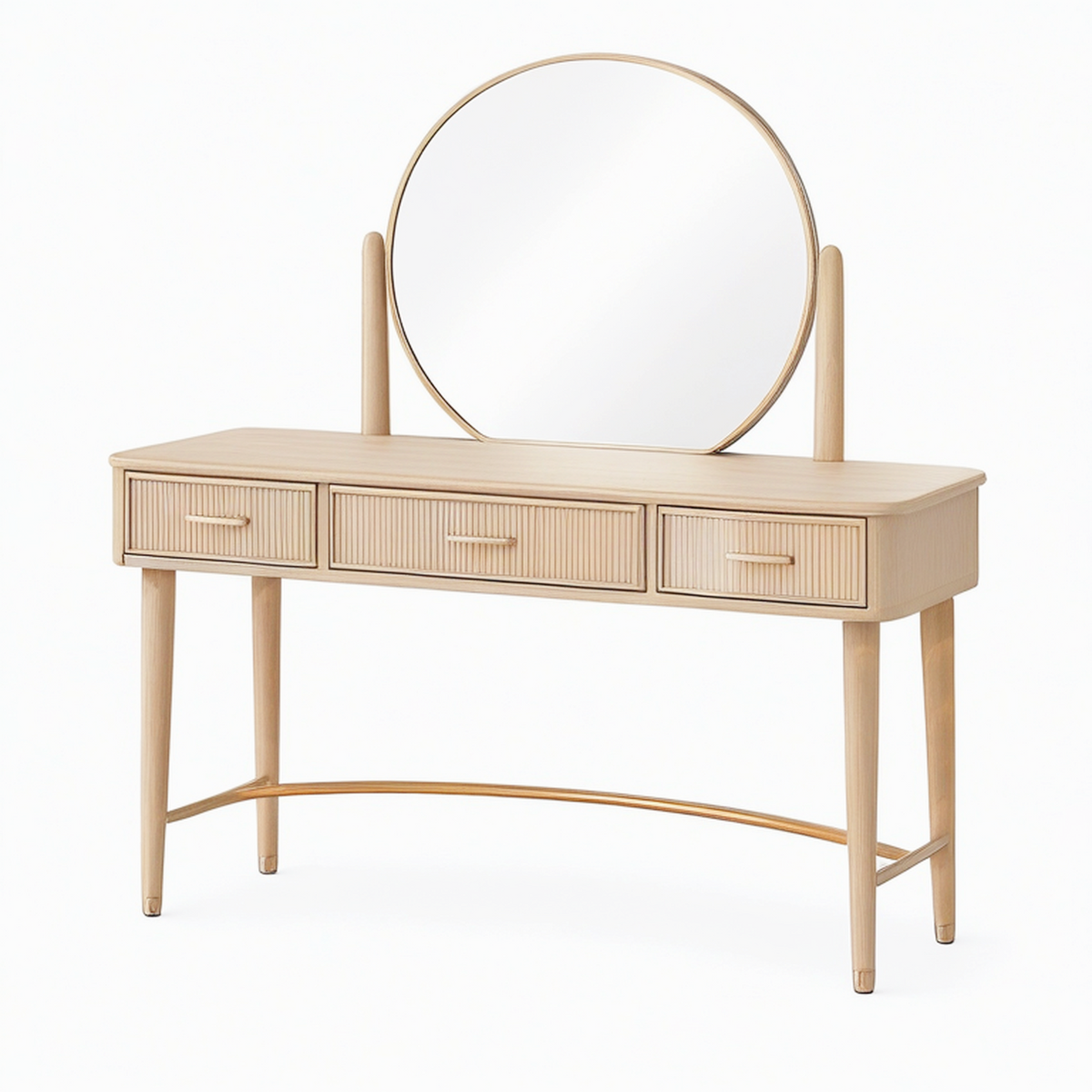 Coiffeuse 120 x 45 x 140 cm en bois beige avec miroir rond et rangements style contemporain