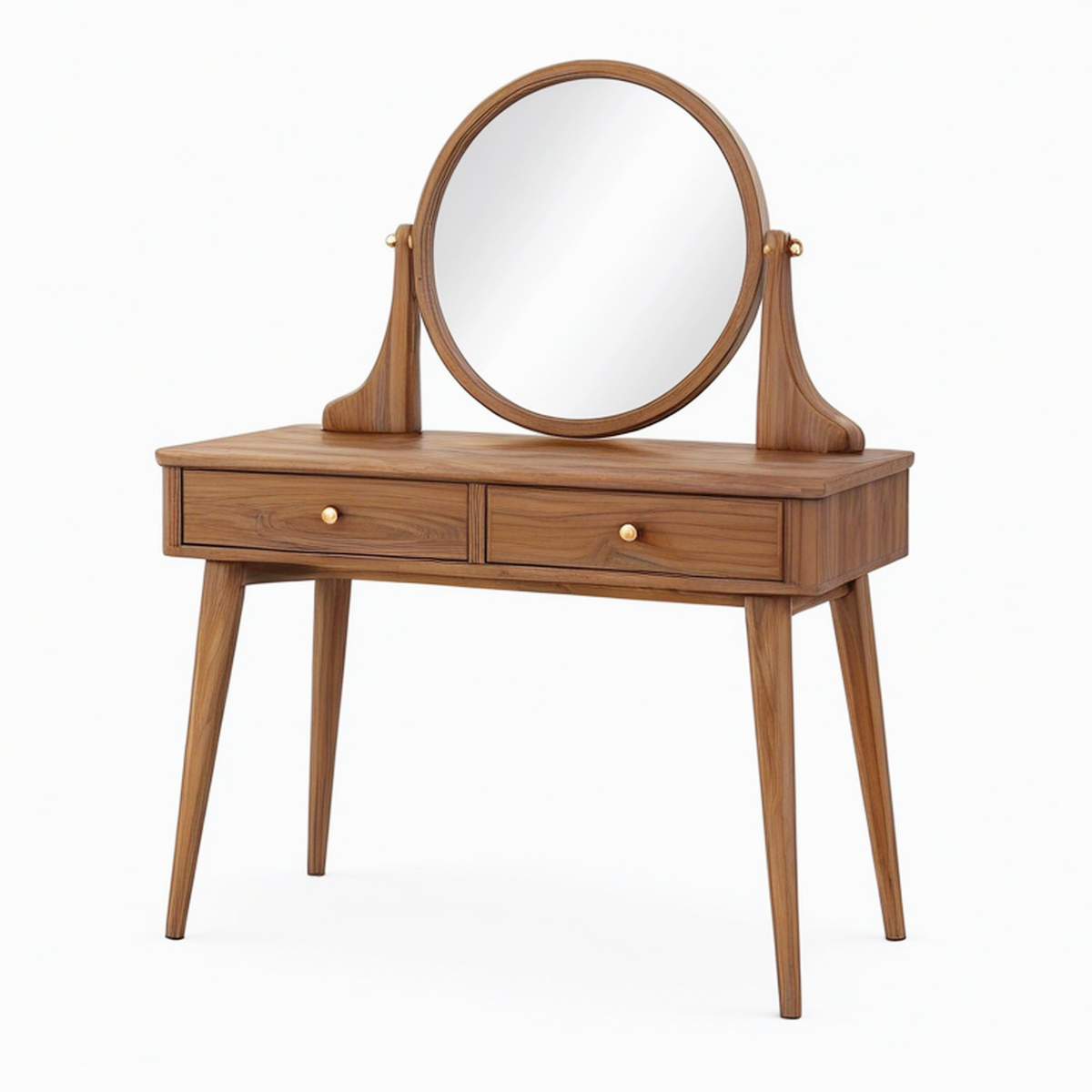 Coiffeuse 100 x 45 x 145 cm en bois marron avec miroir rond et 2 tiroirs - style rétro