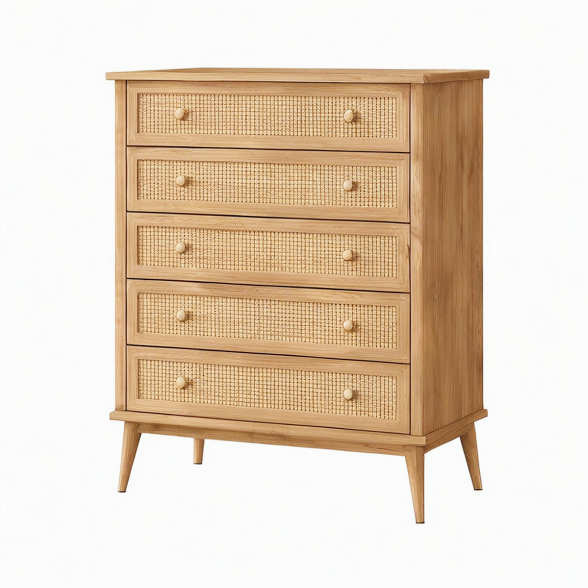 Commode 80 x 40 x 110 cm en bois brun avec cannage 5 tiroirs style rétro