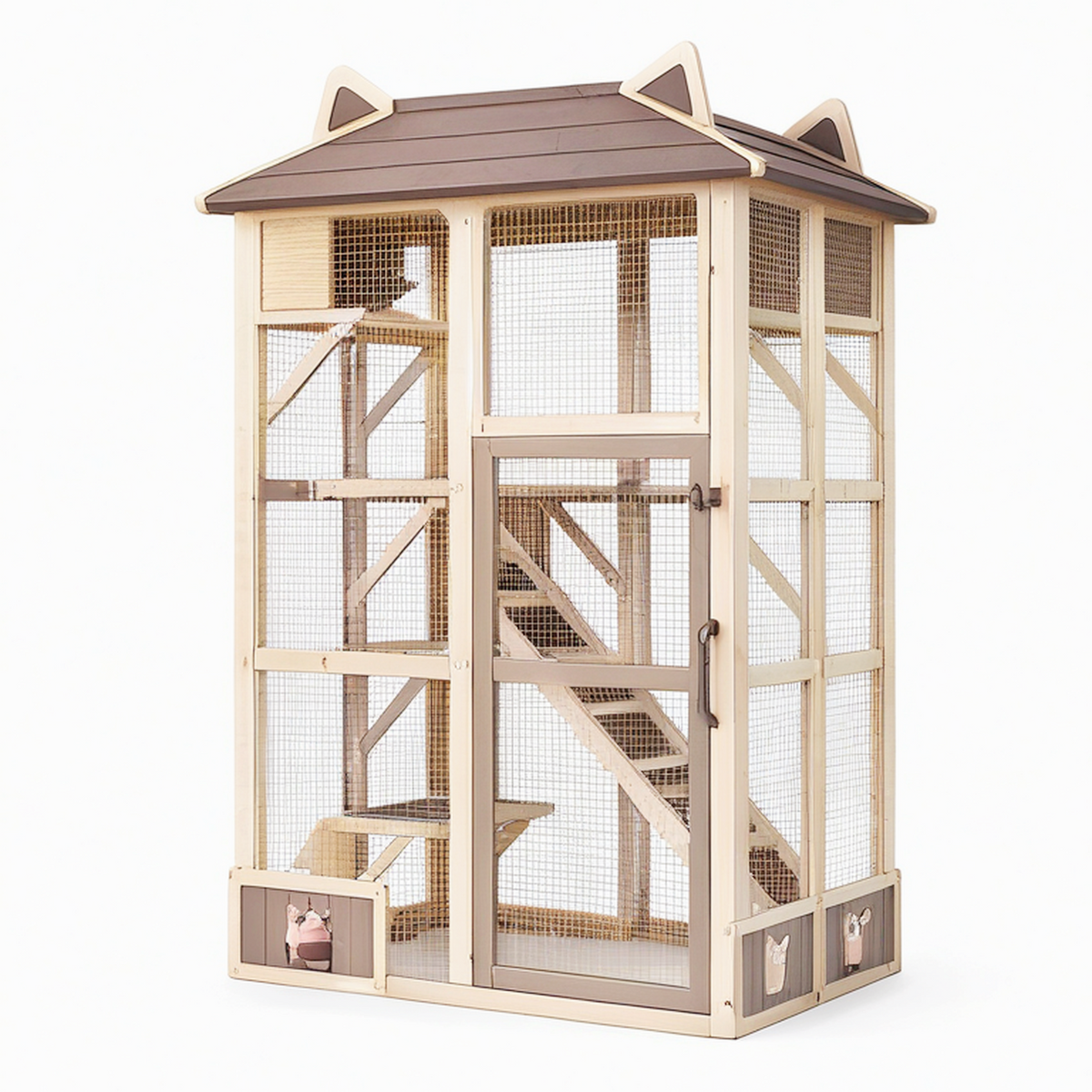 Enclos extérieur pour chat 100 x 100 x 180 cm en bois beige et marron avec toit et plateformes