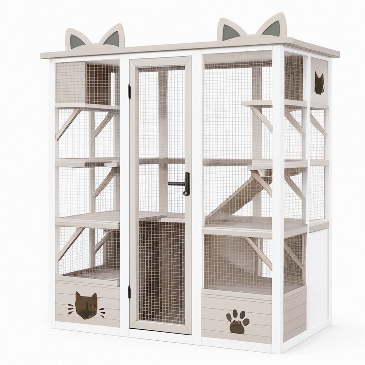 Enclos pour chat 120 x 60 x 165 cm bois et métal blanc - structure à niveaux avec porte