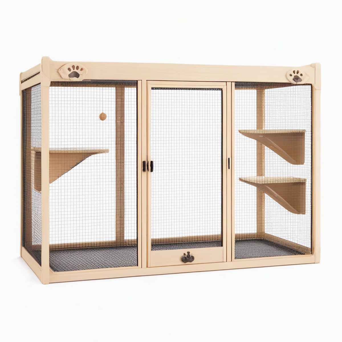 Enclos pour chat 140 x 60 x 120 cm en bois naturel et maille métallique avec plateformes
