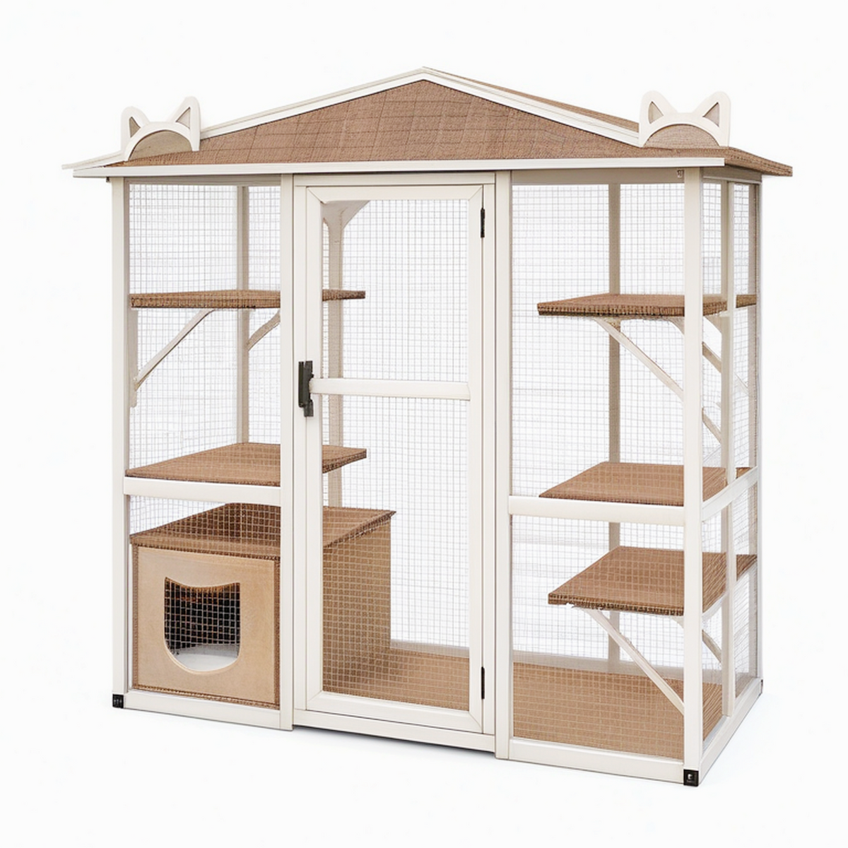 Enclos pour chat 180 x 90 x 180 cm en bois et métal beige marron avec plateformes