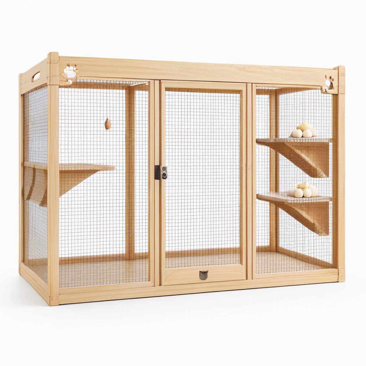 Parc pour chat 180 x 60 x 120 cm en bois naturel avec grille métallique et plateformes