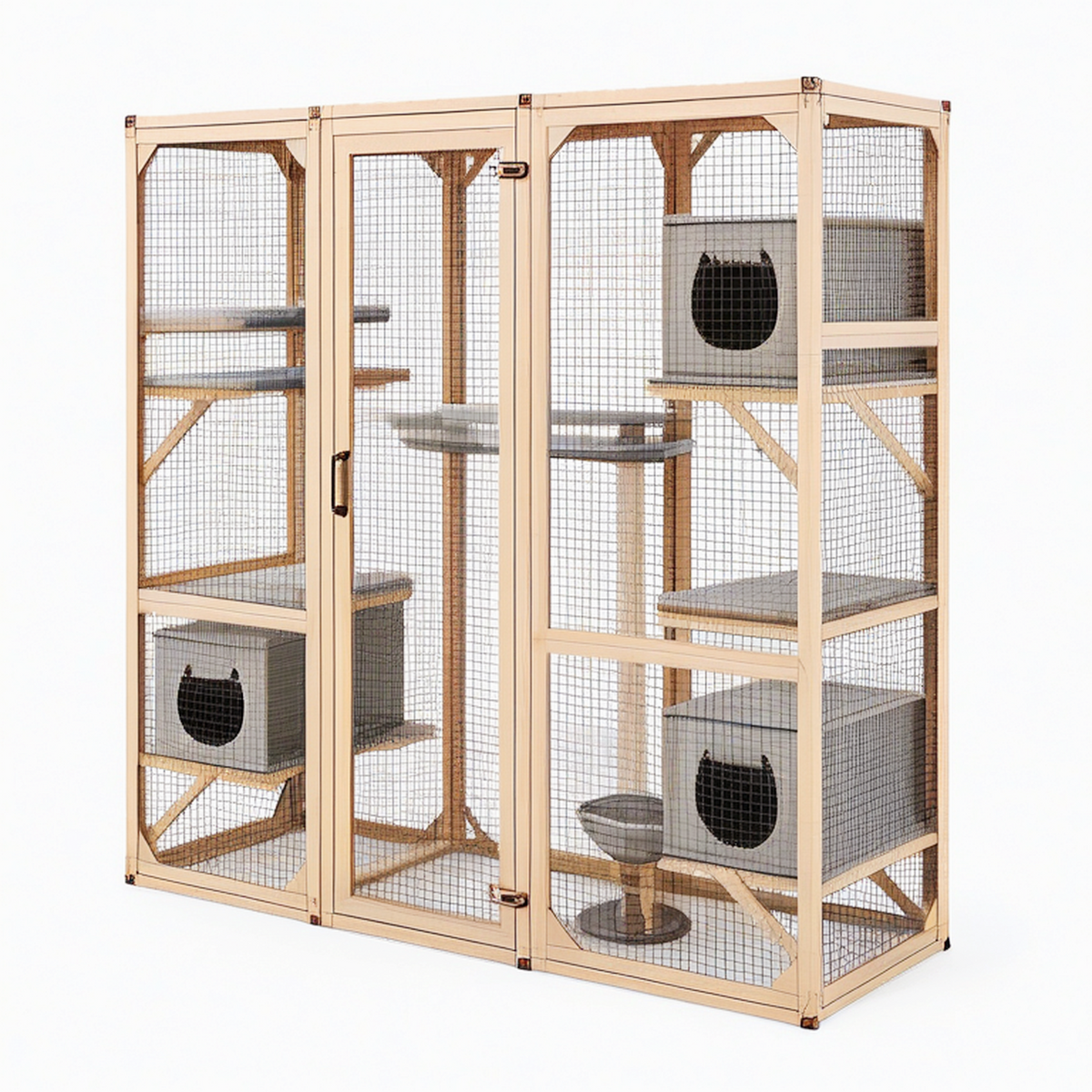 Enclos pour chat 180 x 90 x 180 cm en bois naturel gris avec grillage et plateformes