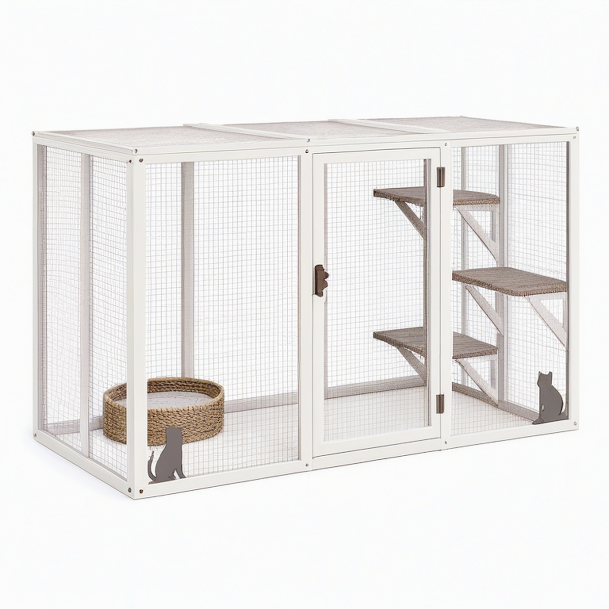 Enclos pour chat 180 x 120 x 180 cm en métal blanc avec grillage - intérieur à plateformes