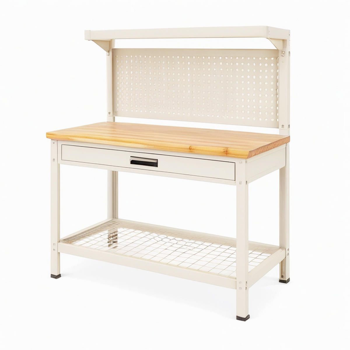 Établi 120 x 60 x 150 cm en métal beige et bois avec tiroir rangement et panneau perforé