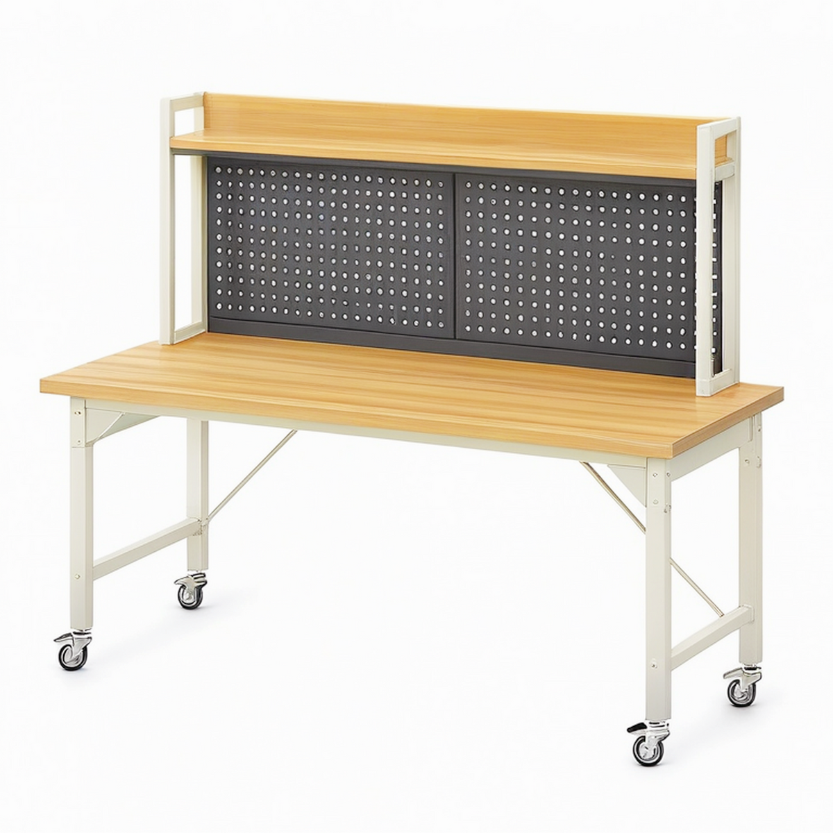 Établi 120 x 60 x 150 cm en bambou et métal beige noir mobile avec panneau perforé