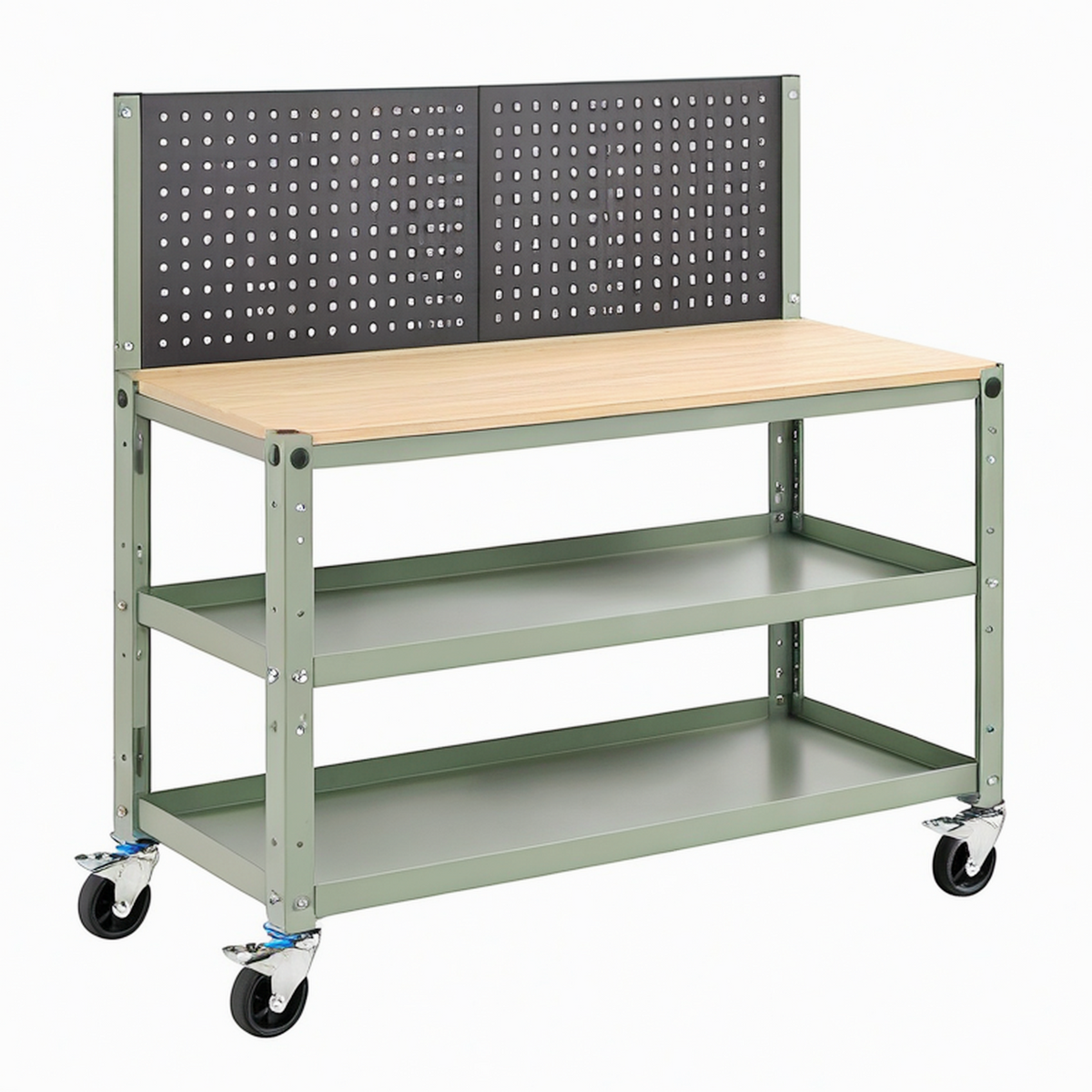 Établi roulant 120 x 60 x 160 cm en acier et bois vert avec panneau perforé